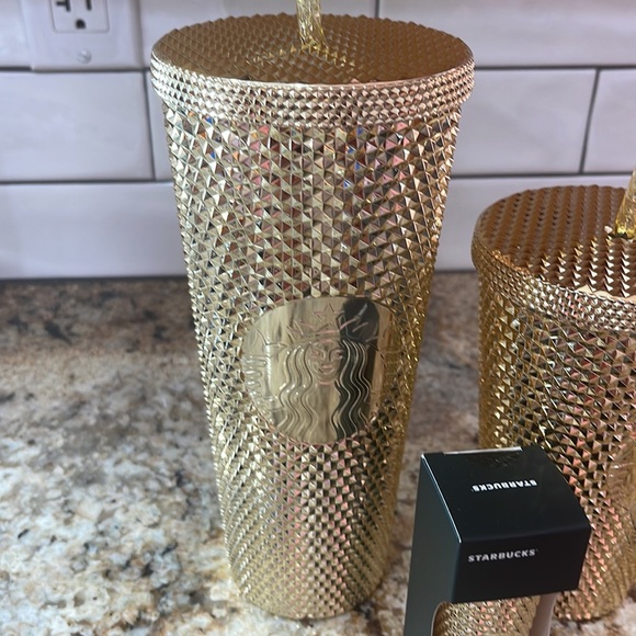 GOLD  Metallic Bling Starbucks Set Holiday 
Studded Tumblers & Keychain 2022 - Picture 3 of 5